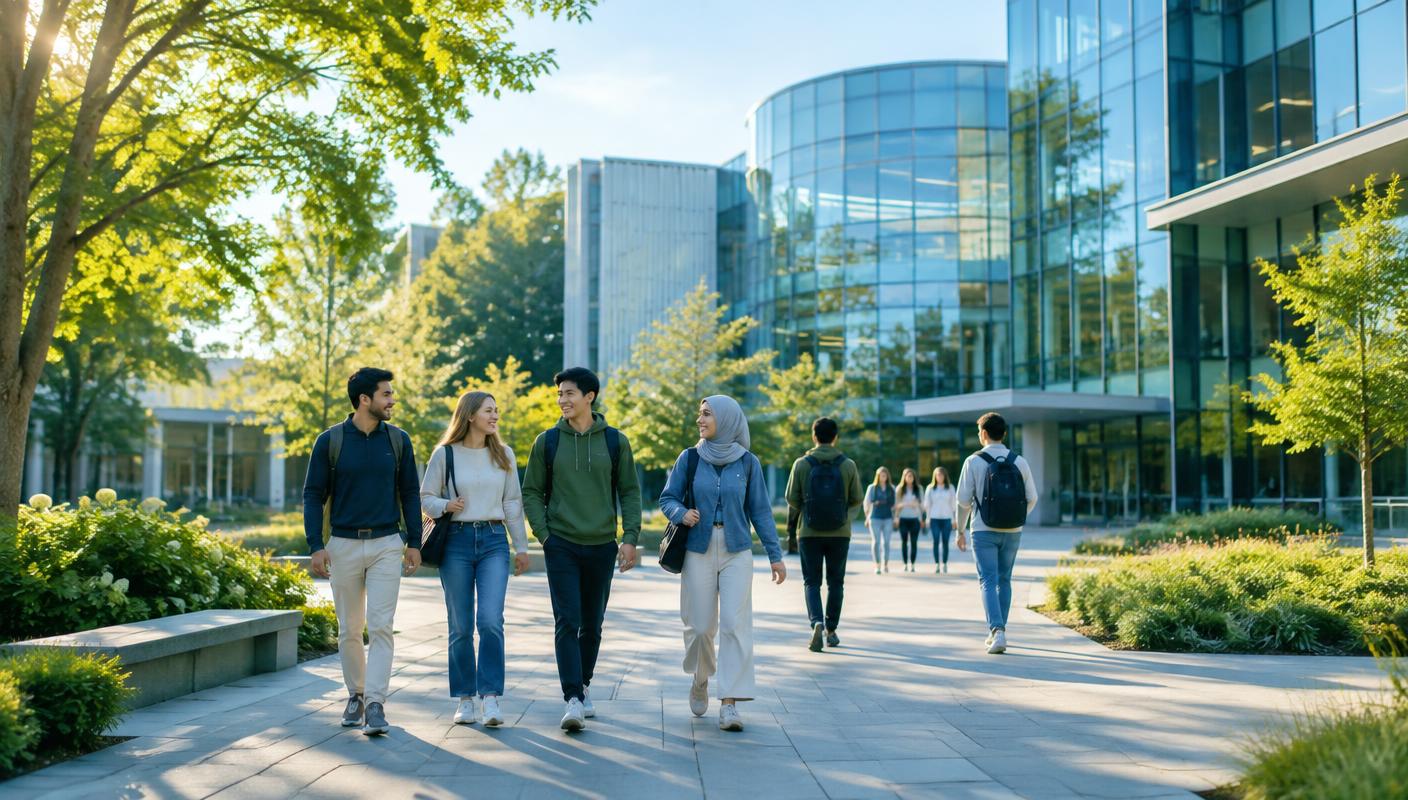 Students walking through a modern university campus